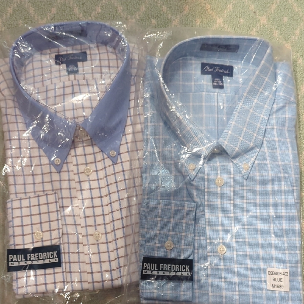 Paul Fredrick Men's Blue and White Checkered Shirts